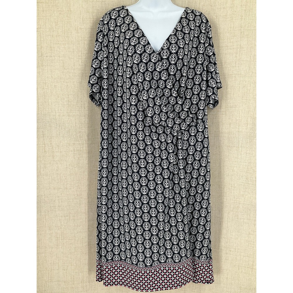 Talbots Plus Navy White Medallion‎ Faux Wrap Dress 3X Short Sleeve V-Neck Jersey